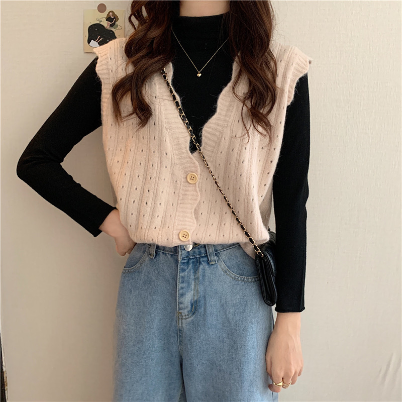 Cárdigan de chaleco de punto Hueco para Mujer & prime;s Otoño e invierno Nuevo Chaleco con Cuello en V Suéter Chal