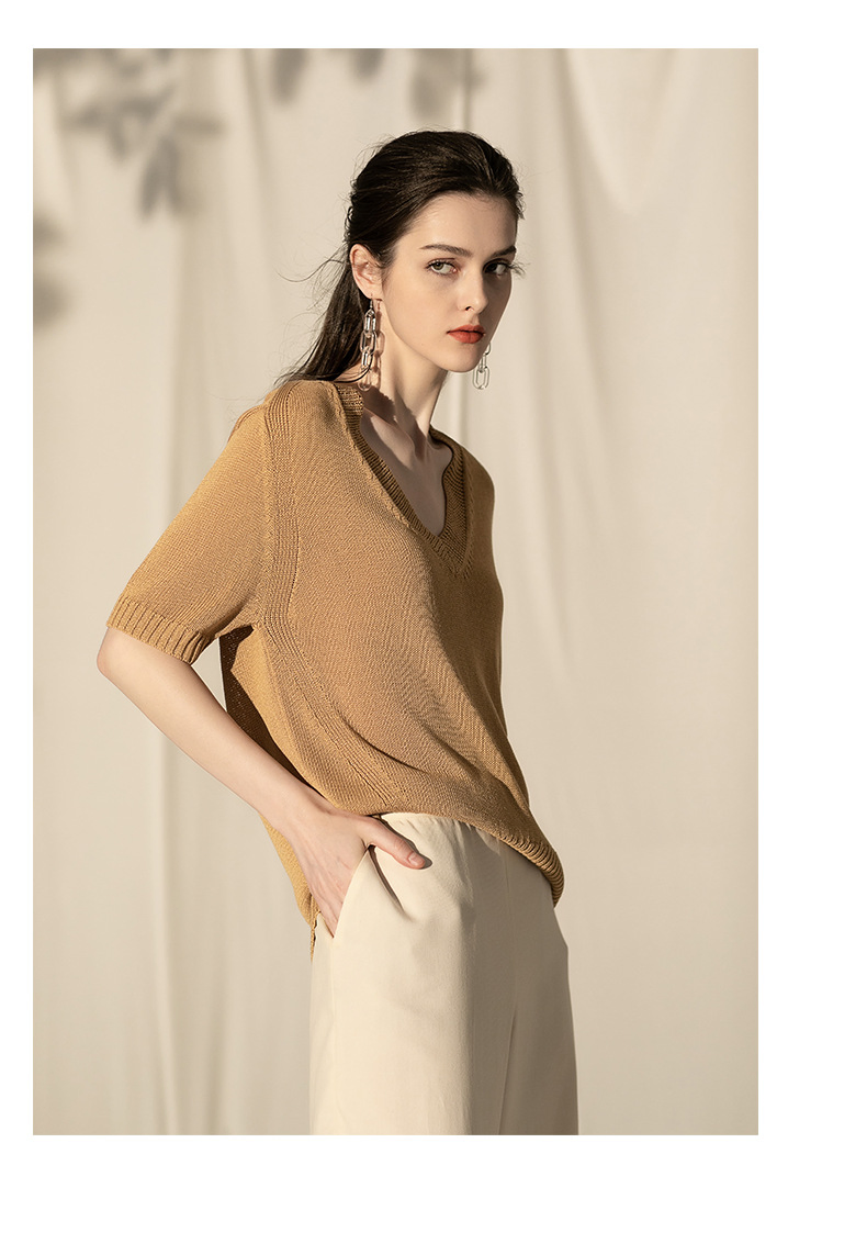 Suéter de punto para mujer&amp;prime;s Jersey con cuello en V Suéter suelto Ropa de mujer&amp;prime;s de manga media para mujer & amp;prime; s