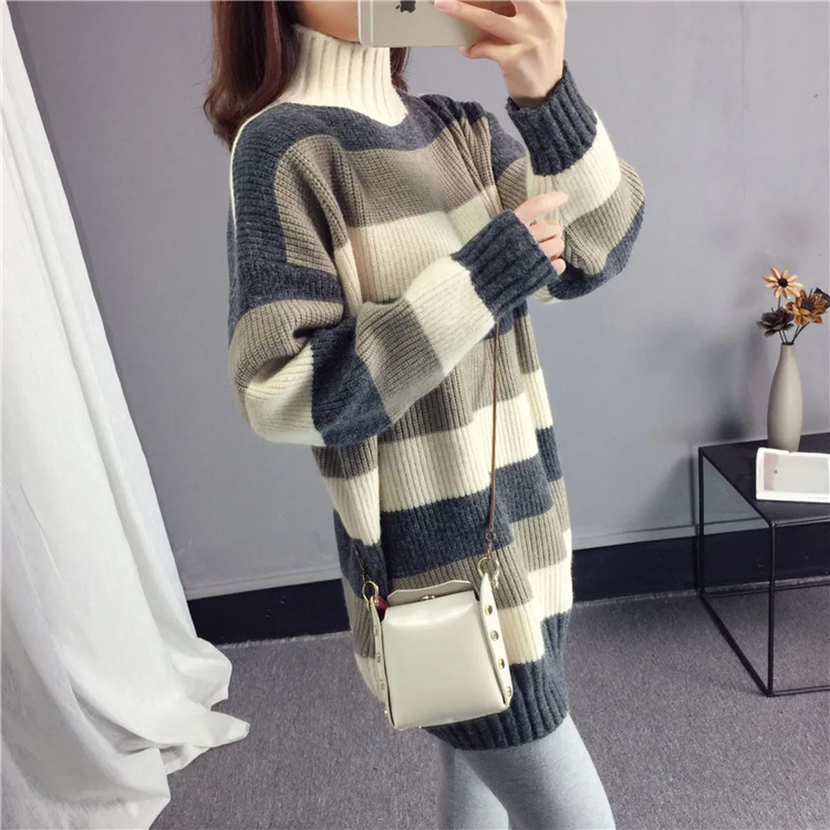 Suéter de punto de Cuello Alto Medio Bloque de Color Suéter de Rayas Anchas de Invierno para Mujer