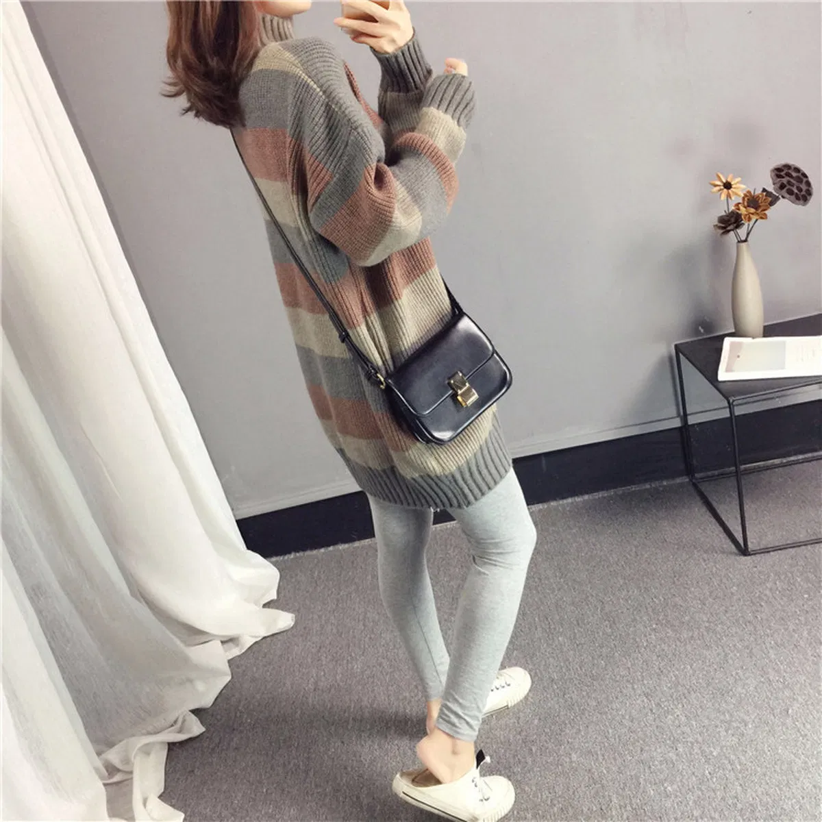 Suéter de punto de Cuello Alto Medio Bloque de Color Suéter de Rayas Anchas de Invierno para Mujer