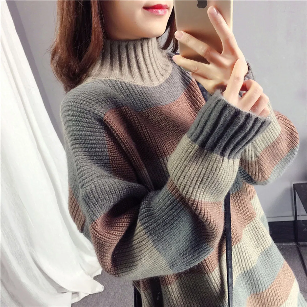 Suéter de punto de Cuello Alto Medio Bloque de Color Suéter de Rayas Anchas de Invierno para Mujer