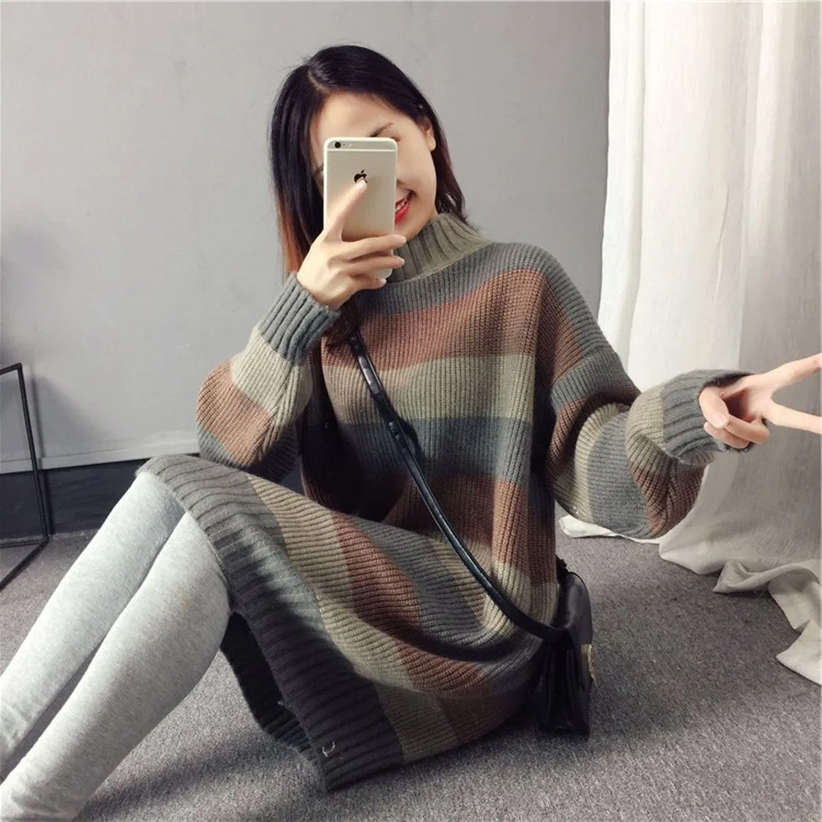 Suéter de punto de Cuello Alto Medio Bloque de Color Suéter de Rayas Anchas de Invierno para Mujer