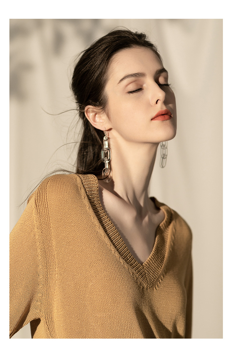 Suéter de punto para mujer&amp;prime;s Jersey con cuello en V Suéter suelto Ropa de mujer&amp;prime;s de manga media para mujer & amp;prime; s
