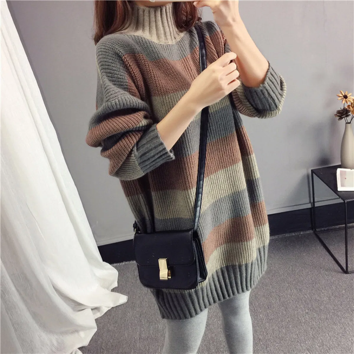 Suéter de punto de Cuello Alto Medio Bloque de Color Suéter de Rayas Anchas de Invierno para Mujer