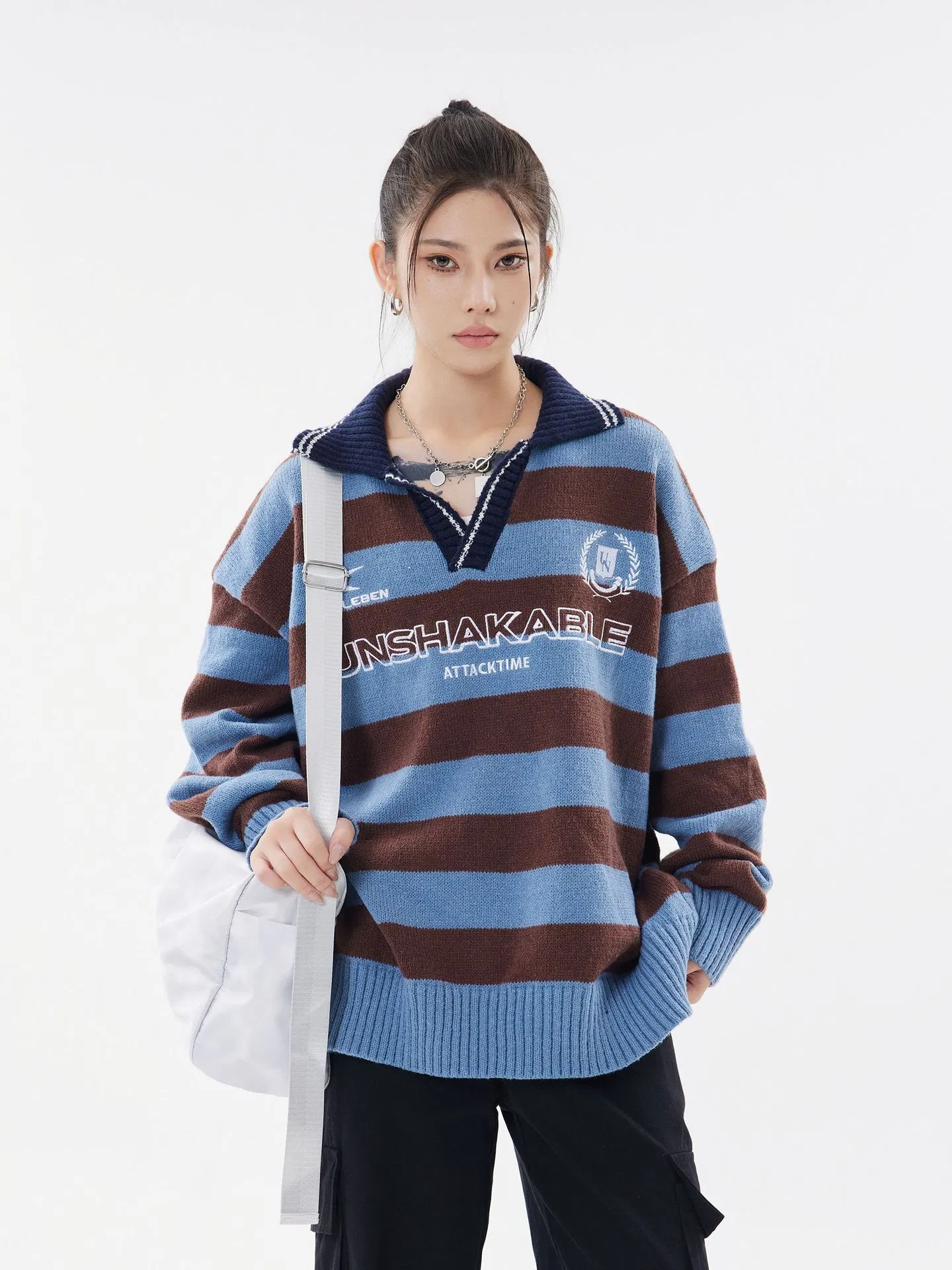 Suéter de Manga Larga con Estampado de Espaciado de Línea Informal con Cuello Vuelto y Cuello Vuelto para Mujer de Nuevo Estilo