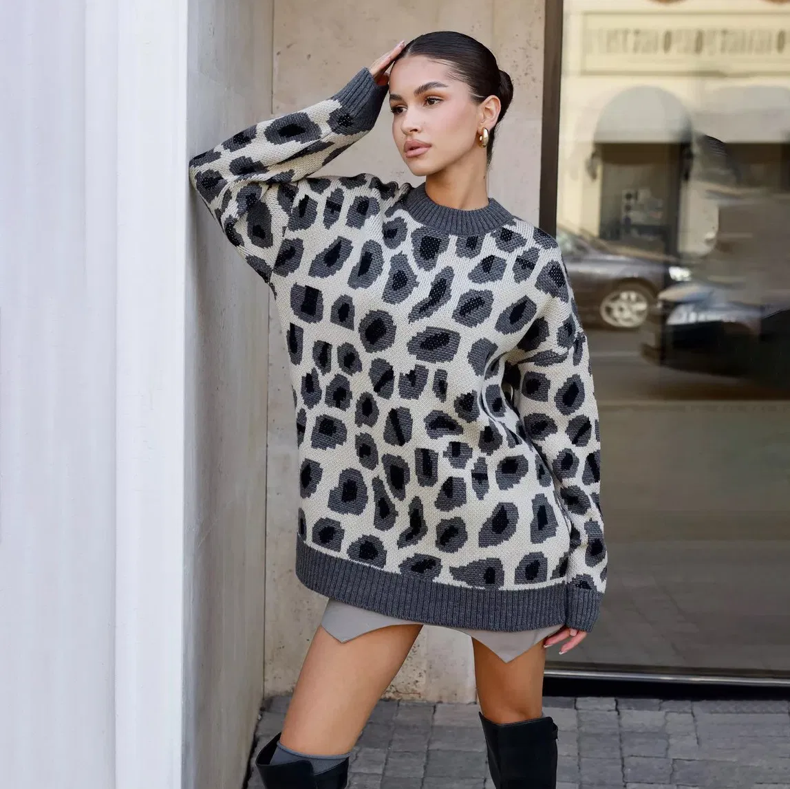 Suéter de moda Cálido con estampado de Leopardo para Mujer, un Top de punto de manga larga