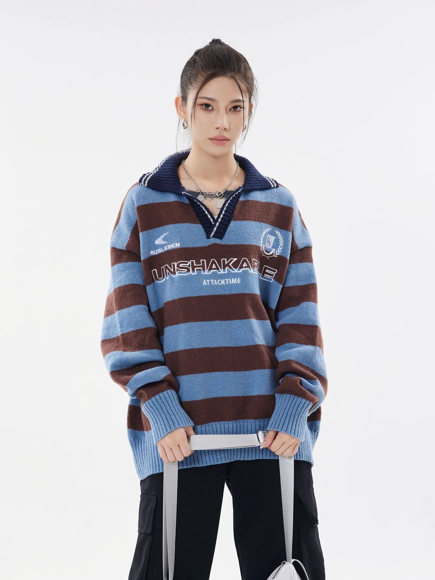 Suéter de Manga Larga con Estampado de Espaciado de Línea Informal con Cuello Vuelto y Cuello Vuelto para Mujer de Nuevo Estilo