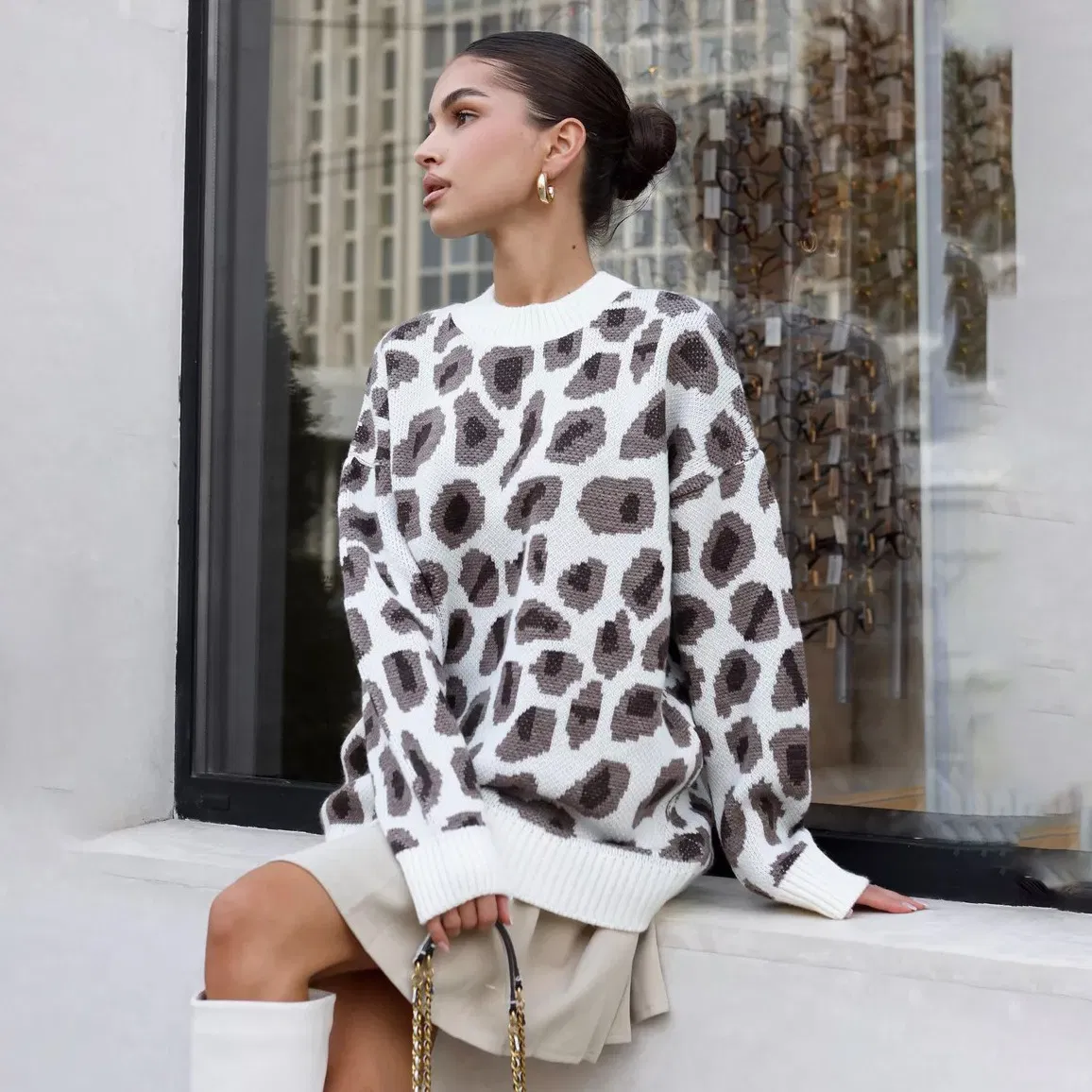 Suéter de moda Cálido con estampado de Leopardo para Mujer, un Top de punto de manga larga