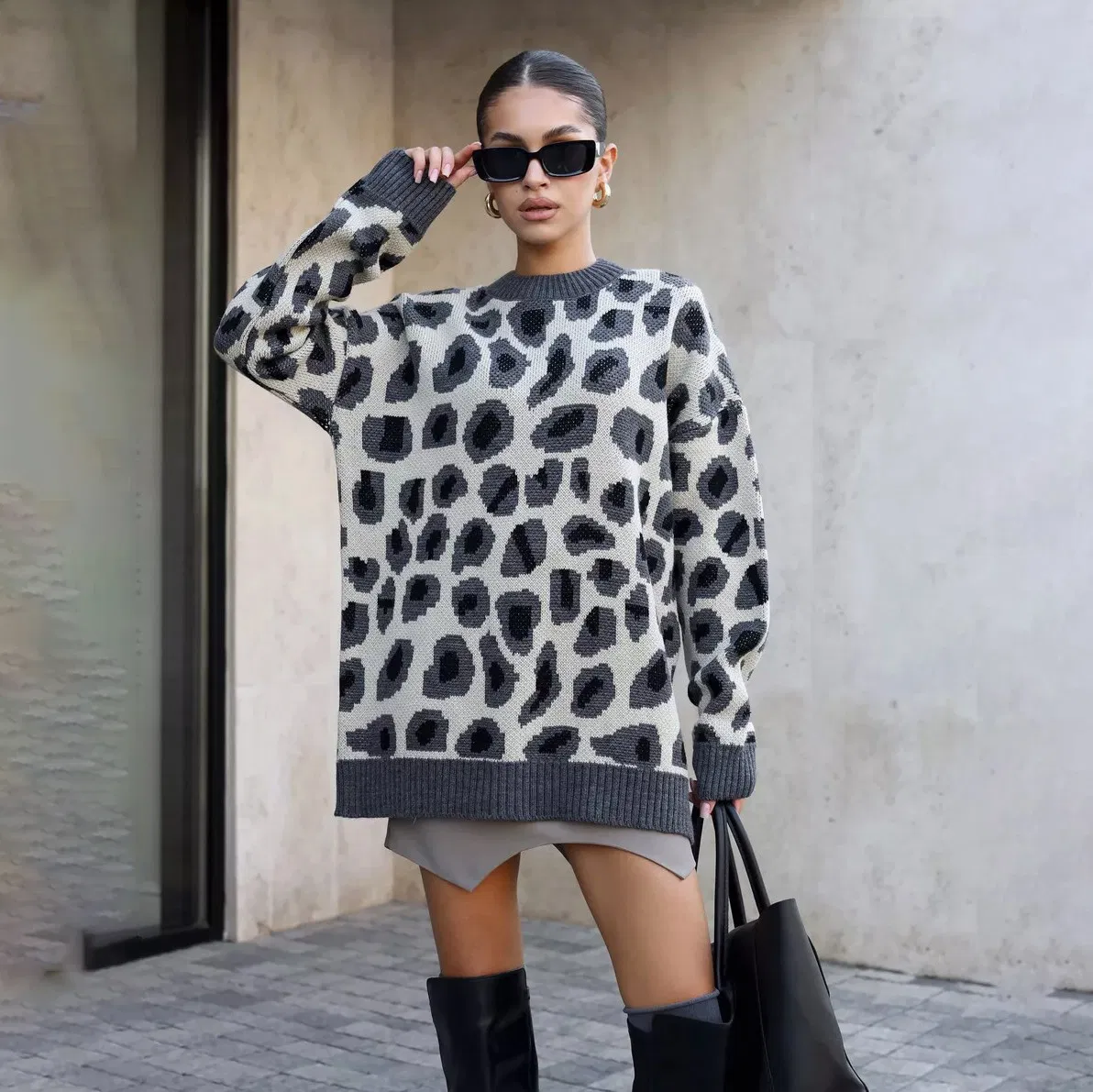 Suéter de moda Cálido con estampado de Leopardo para Mujer, un Top de punto de manga larga