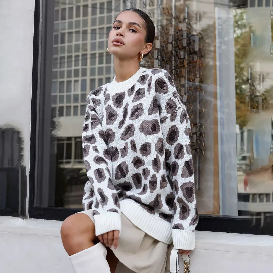 Suéter de moda Cálido con estampado de Leopardo para Mujer, un Top de punto de manga larga