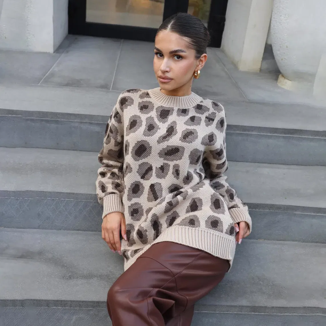 Suéter de moda Cálido con estampado de Leopardo para Mujer, un Top de punto de manga larga