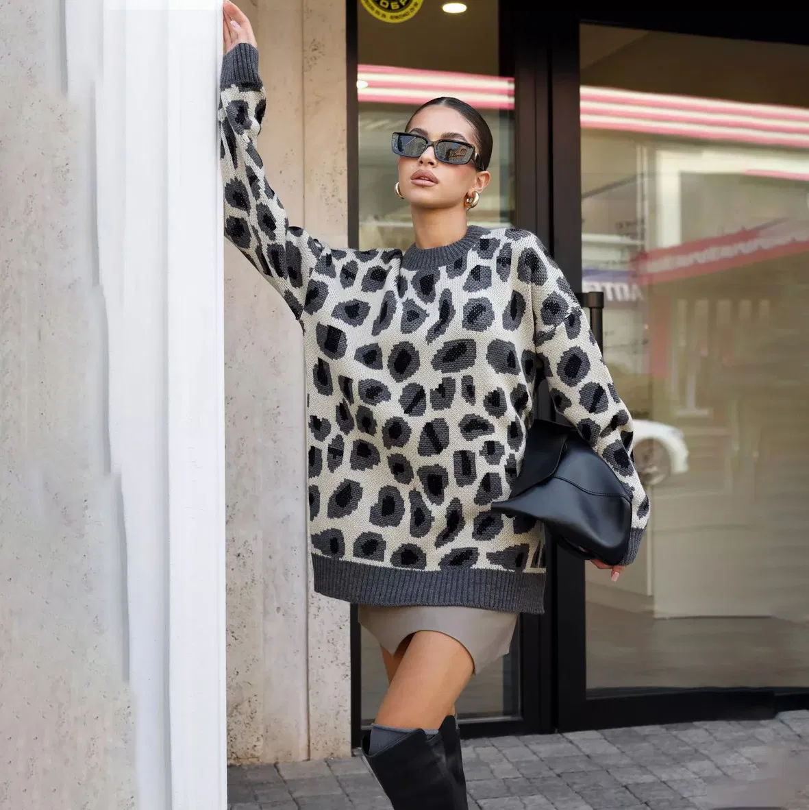 Suéter de moda Cálido con estampado de Leopardo para Mujer, un Top de punto de manga larga