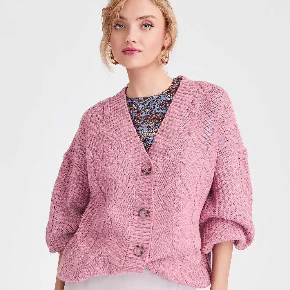 Cárdigan Abierto de Color Sólido Suéter de Punto para Mujer Cárdigan de Punto de Manga Larga con Botones Delanteros para Mujer