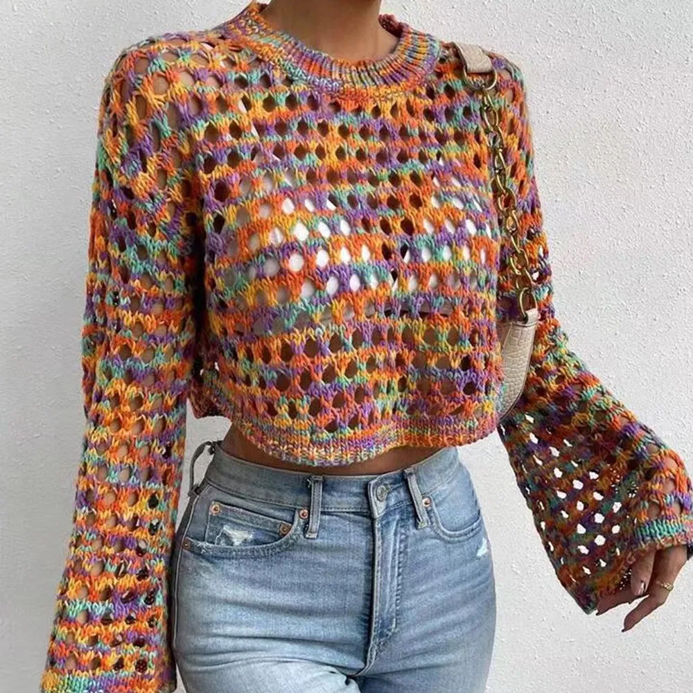 Suéter Corto de Ganchillo, Prendas de punto para Mujer, Jersey Ahuecado de Manga Larga, Top de Punto Bohemio Sexy, Rosa Personalizado