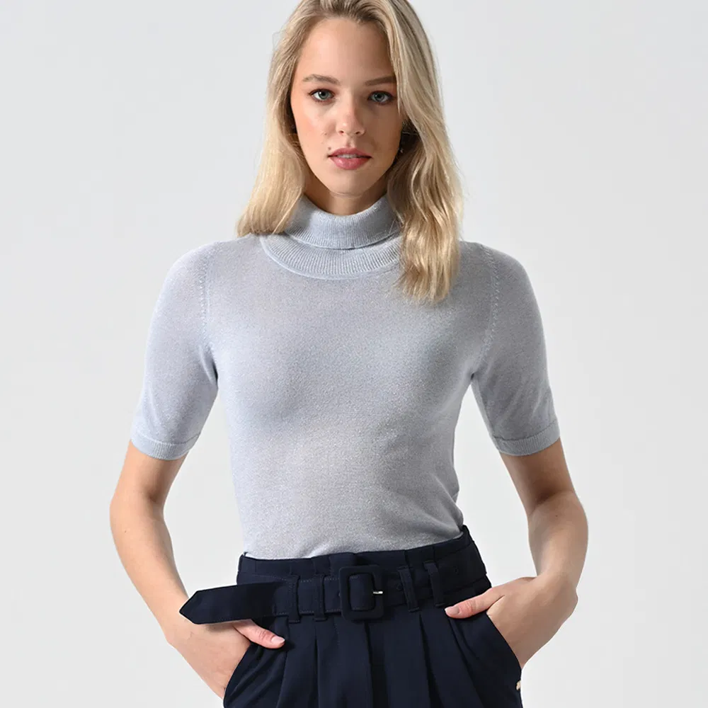 Suéter de Cuello Redondo de Manga Corta de Seda de Hielo Personalizado al por Mayor Novedad de Verano Suéter Elegante Suelto Ultrafino de Moda para Mujer′s