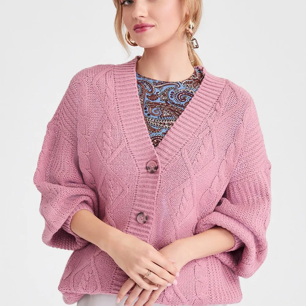 Cárdigan Abierto de Color Sólido Suéter de Punto para Mujer Cárdigan de Punto de Manga Larga con Botones Delanteros para Mujer