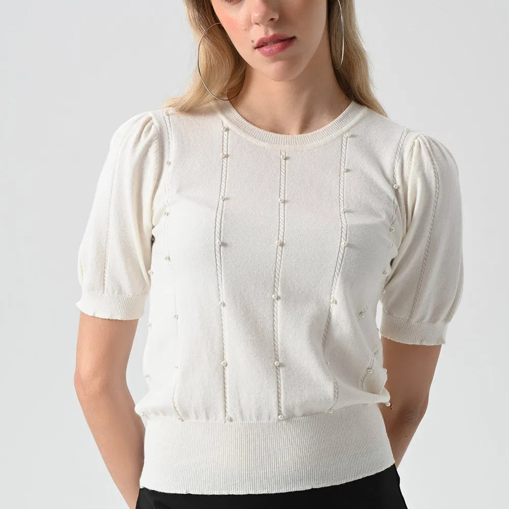 Suéteres de Punto para Mujer con Diseño de Cuentas de Cuello Redondo de Manga Corta Casual Suéteres de Punto para Mujer Elegantes Perlas Blancas de Gran Tamaño Para Mujer