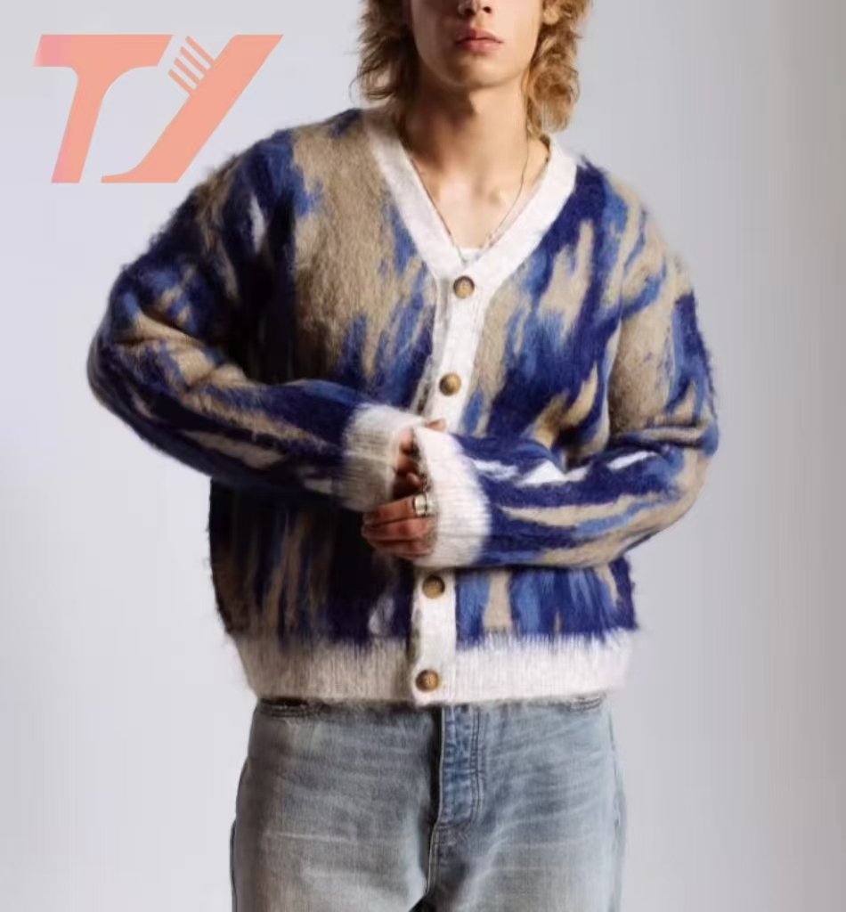 Suéter de punto personalizado OEM y ODM Mohair para hombre, Prendas de punto de manga Larga borrosas, Cárdigan de invierno, Suéter de Mohair para Hombre Personalizado