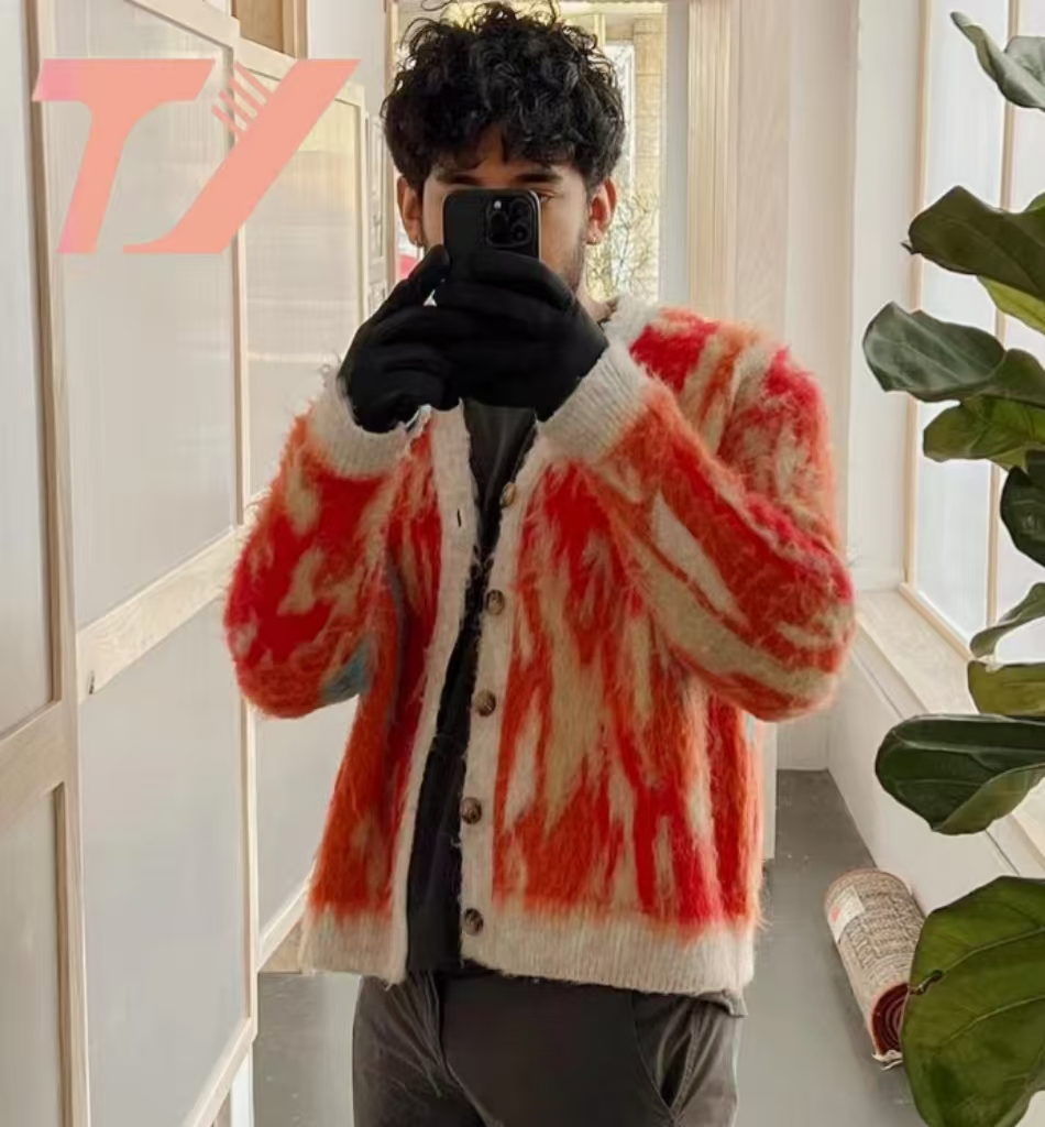 Suéter de punto personalizado OEM y ODM Mohair para hombre, Prendas de punto de manga Larga borrosas, Cárdigan de invierno, Suéter de Mohair para Hombre Personalizado