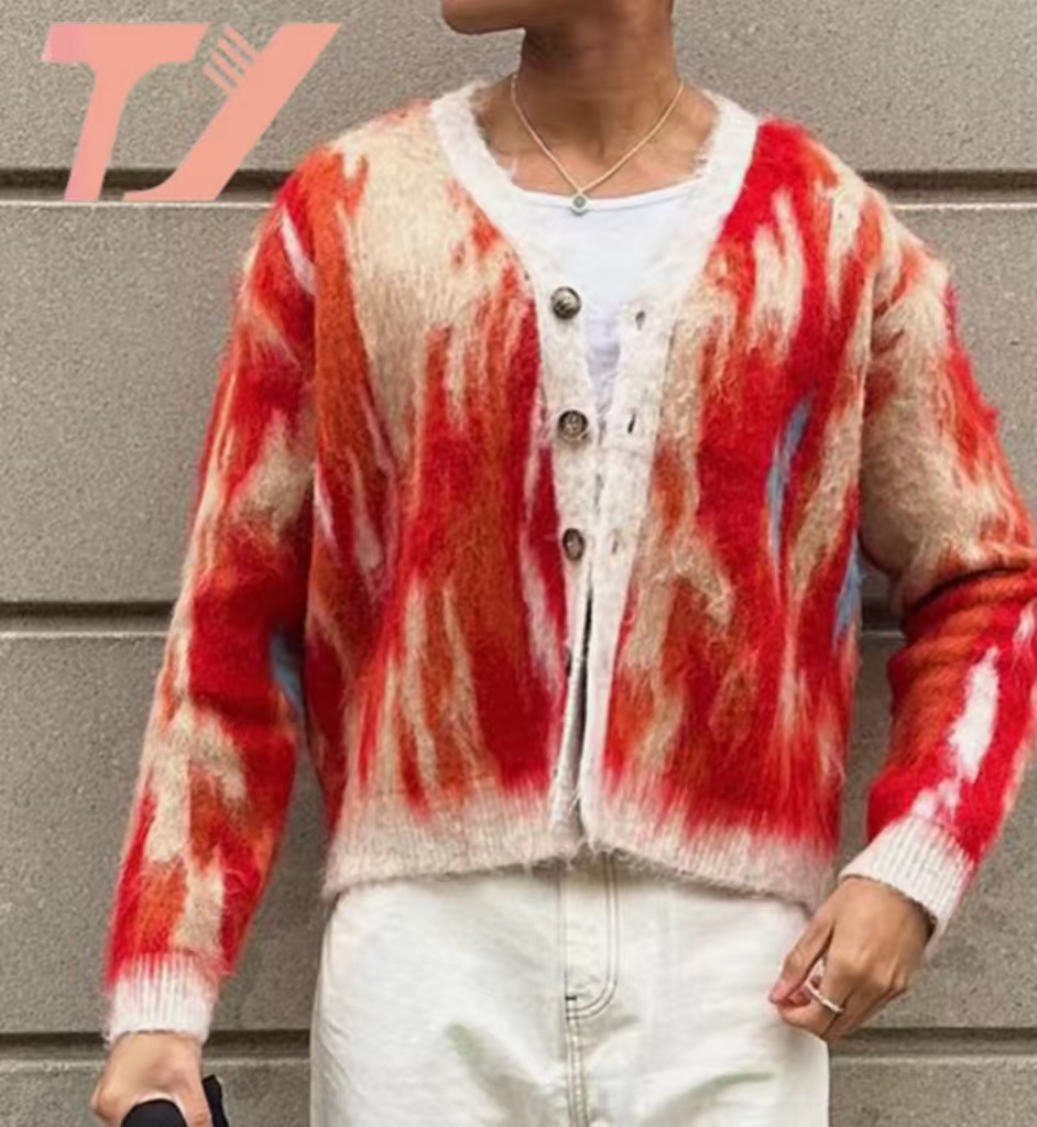 Suéter de punto personalizado OEM y ODM Mohair para hombre, Prendas de punto de manga Larga borrosas, Cárdigan de invierno, Suéter de Mohair para Hombre Personalizado
