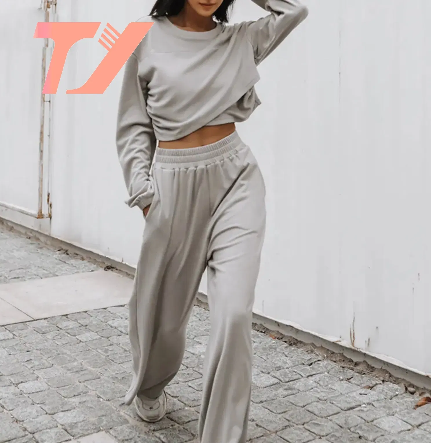 Conjuntos de Suéteres Casuales Sueltos de Dos Piezas Otoño Invierno Tops de Manga Larga Jersey y Pantalones de Pierna Ancha Trajes