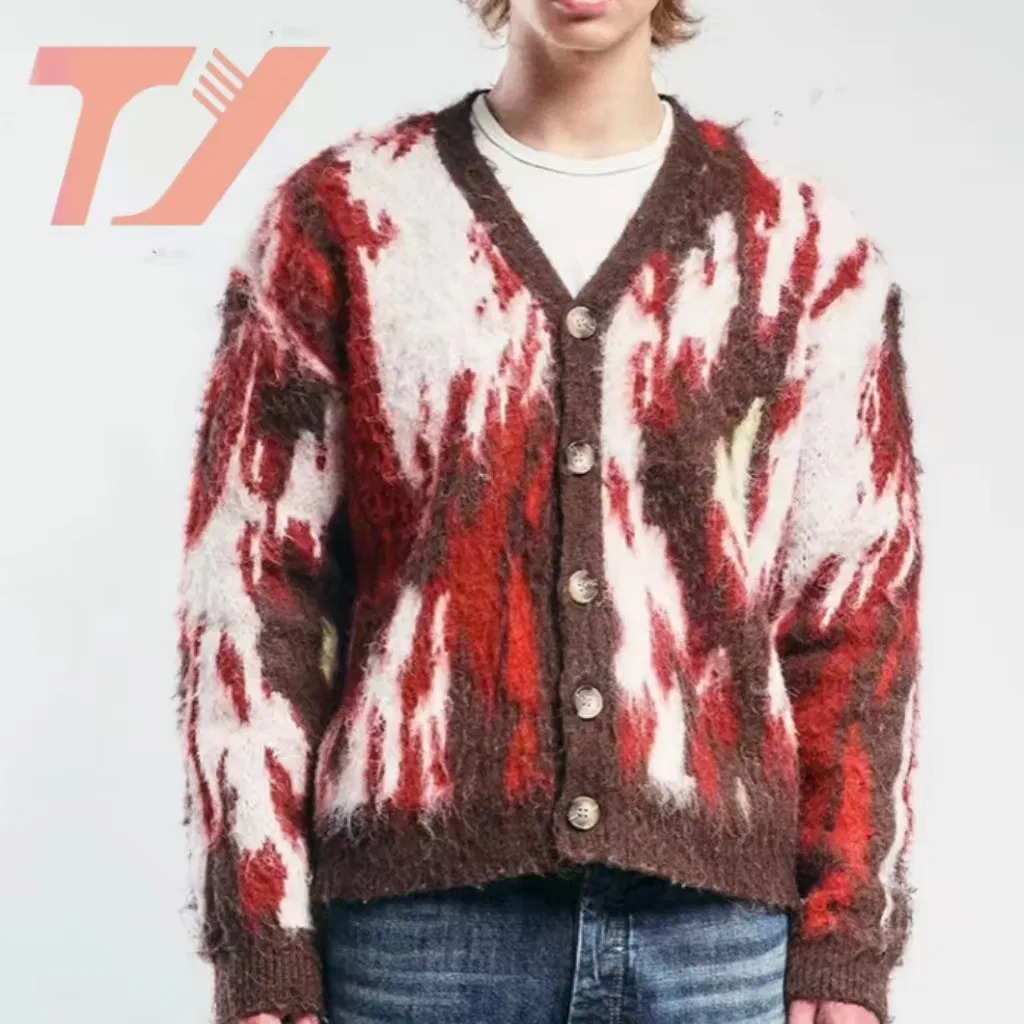 Suéter de punto personalizado OEM y ODM Mohair para hombre, Prendas de punto de manga Larga borrosas, Cárdigan de invierno, Suéter de Mohair para Hombre Personalizado