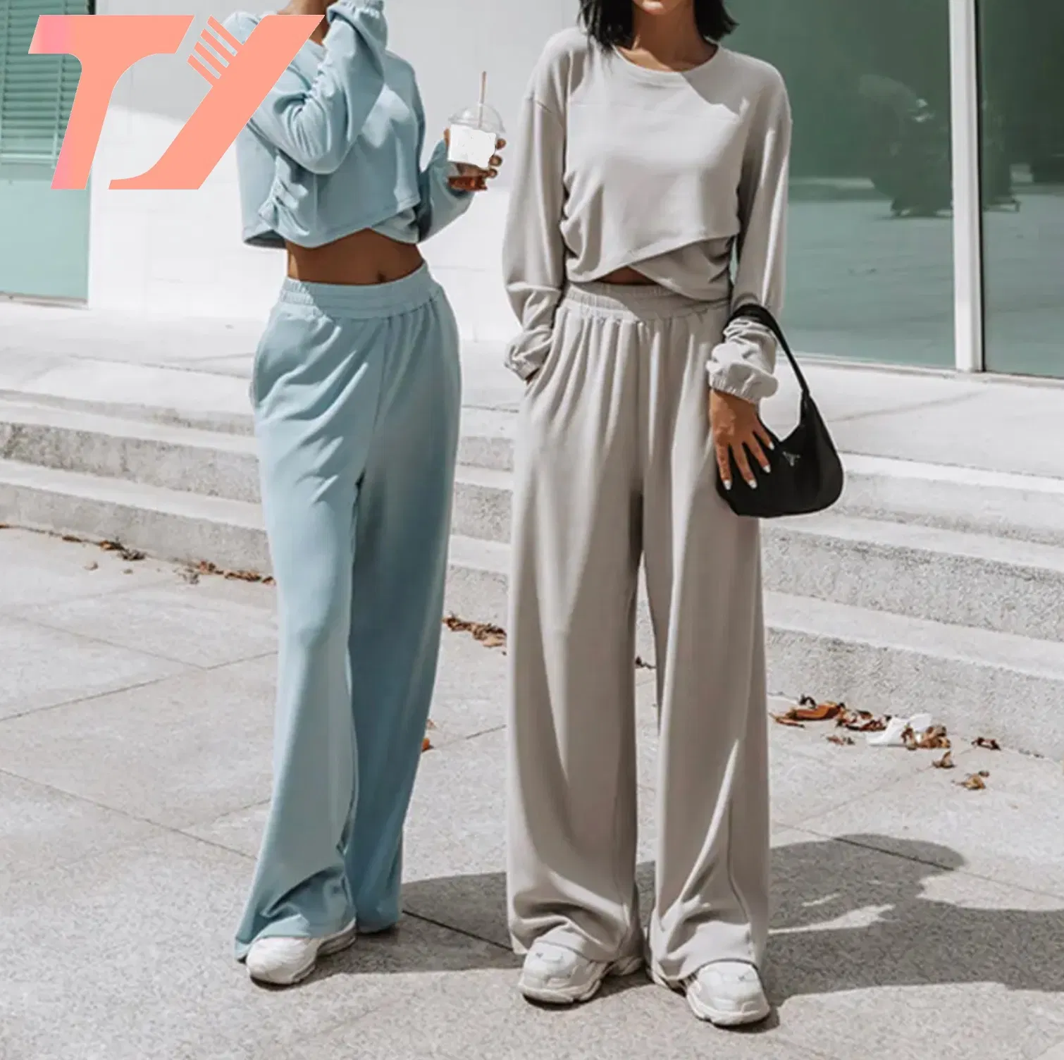 Conjuntos de Suéteres Casuales Sueltos de Dos Piezas Otoño Invierno Tops de Manga Larga Jersey y Pantalones de Pierna Ancha Trajes