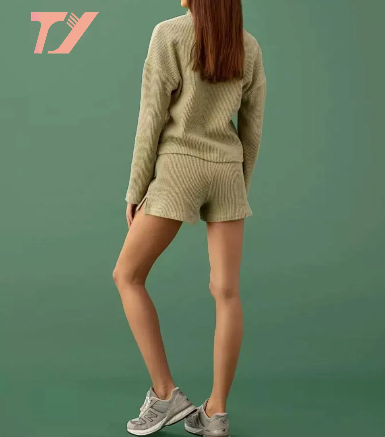 OEM y ODM Pijamas de Moda para Mujer, Ropa de Salón, Conjunto de Pantalones Cortos, Conjunto de Algodón con Gofres, Ropa Informal de Punto, Cremallera Acogedora, 2 Piezas Por Encima de la Rodilla