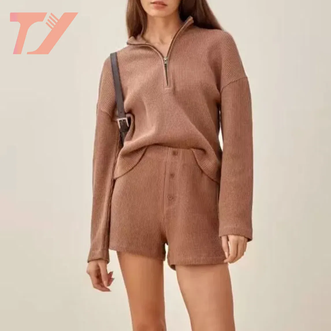 OEM y ODM Pijamas de Moda para Mujer, Ropa de Salón, Conjunto de Pantalones Cortos, Conjunto de Algodón con Gofres, Ropa Informal de Punto, Cremallera Acogedora, 2 Piezas Por Encima de la Rodilla