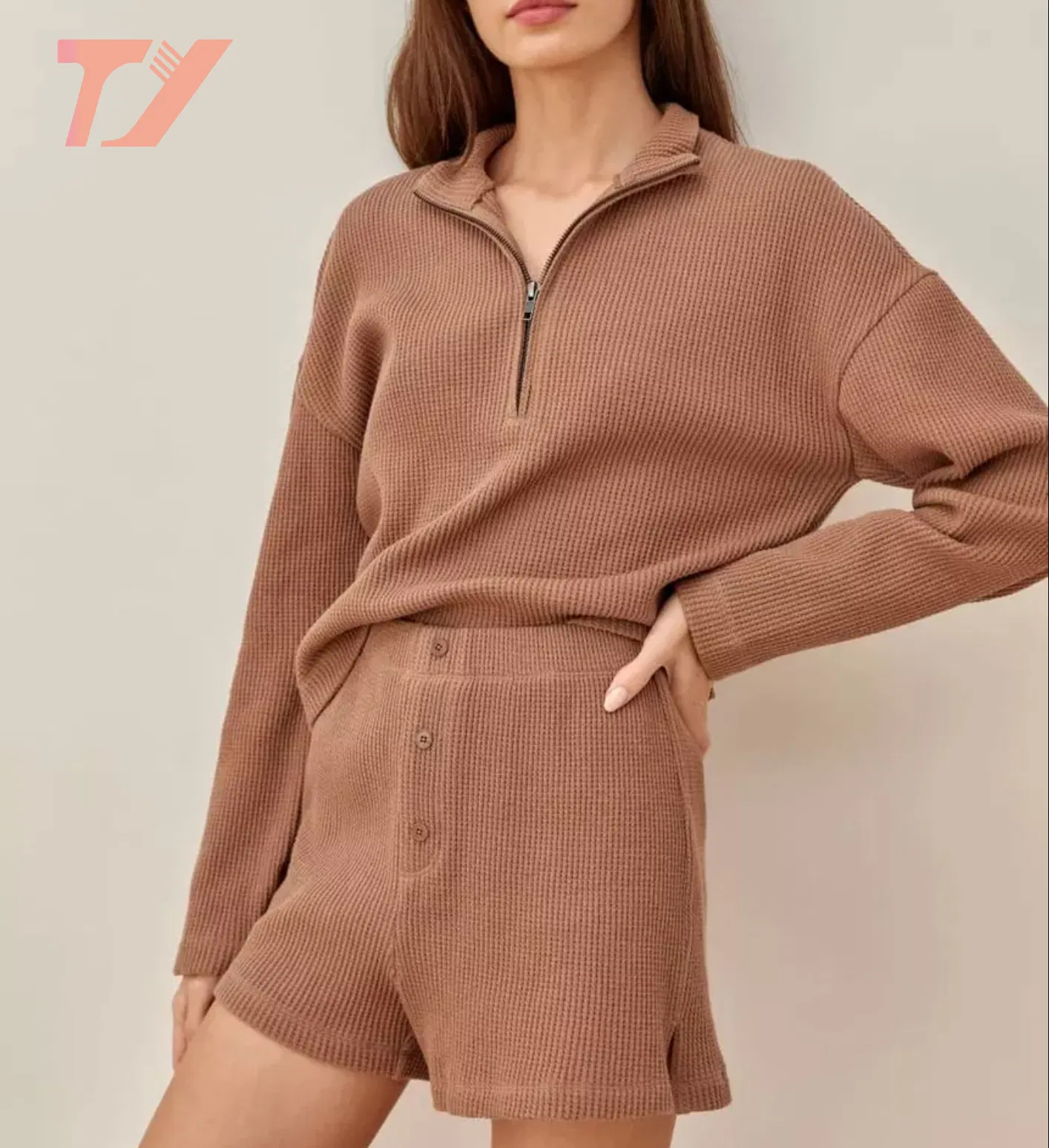 OEM y ODM Pijamas de Moda para Mujer, Ropa de Salón, Conjunto de Pantalones Cortos, Conjunto de Algodón con Gofres, Ropa Informal de Punto, Cremallera Acogedora, 2 Piezas Por Encima de la Rodilla