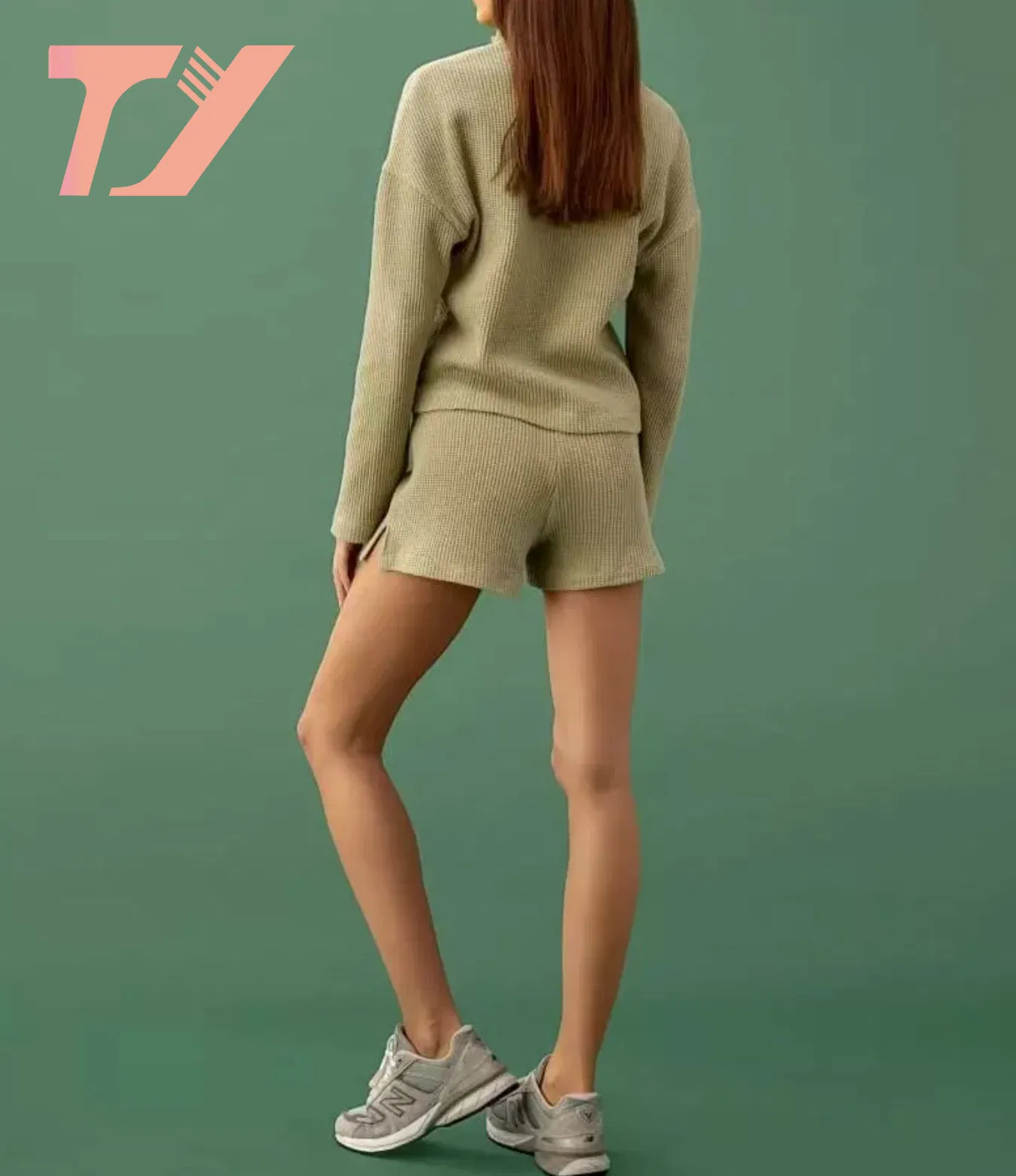 OEM y ODM Pijamas de Moda para Mujer, Ropa de Salón, Conjunto de Pantalones Cortos, Conjunto de Algodón con Gofres, Ropa Informal de Punto, Cremallera Acogedora, 2 Piezas Por Encima de la Rodilla