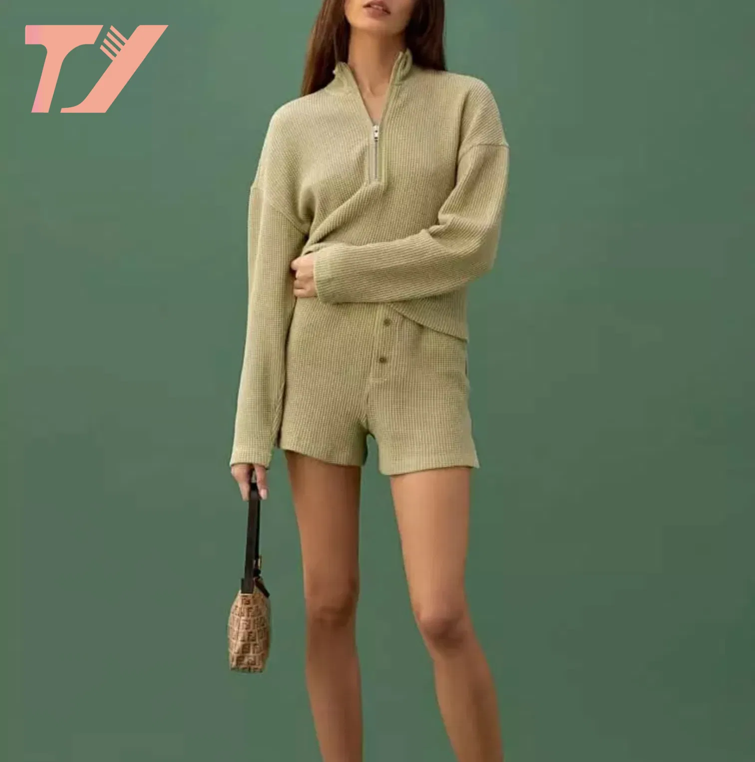 OEM y ODM Pijamas de Moda para Mujer, Ropa de Salón, Conjunto de Pantalones Cortos, Conjunto de Algodón con Gofres, Ropa Informal de Punto, Cremallera Acogedora, 2 Piezas Por Encima de la Rodilla