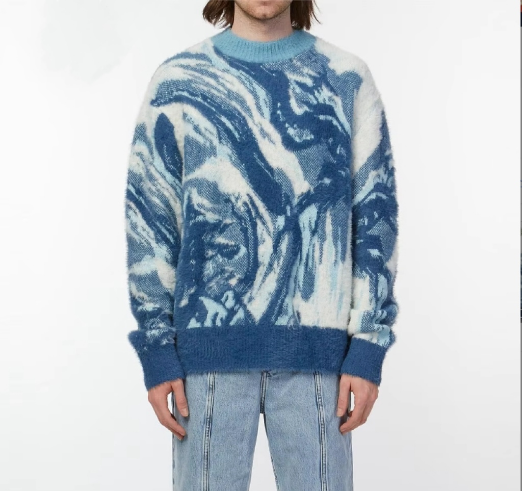 Fabricante de Prendas de punto Ropa de calle Personalizada con Cuello Redondo Diseño Jacquard Azul Jersey de Mohair Difuso Suéteres de punto para hombres′s