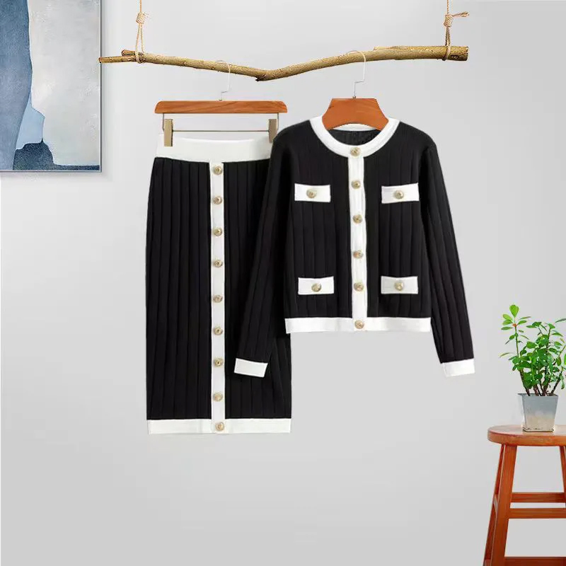 Suéter Sexy de Punto de Color Sólido de Otoño, Traje de Vestir, Cárdigan de Punto de Moda con Falda, Conjunto de Dos Piezas para Mujer