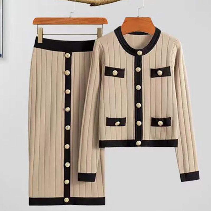 Suéter Sexy de Punto de Color Sólido de Otoño, Traje de Vestir, Cárdigan de Punto de Moda con Falda, Conjunto de Dos Piezas para Mujer