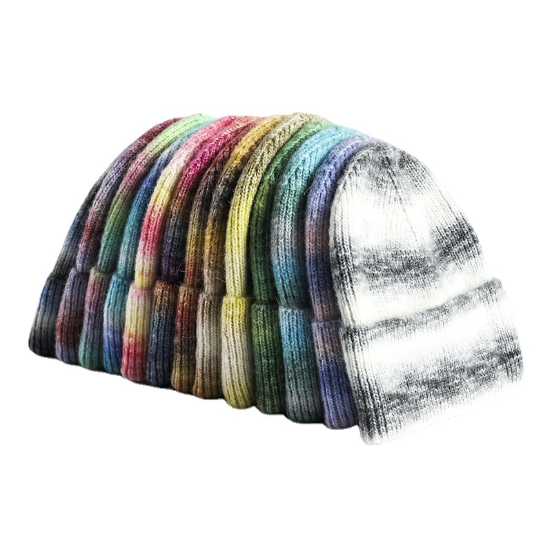 Gorro de Punto Cálido Degradado, Gorro Personalizado con Logotipo Bordado de Lana Teñido Anudado Arcoíris