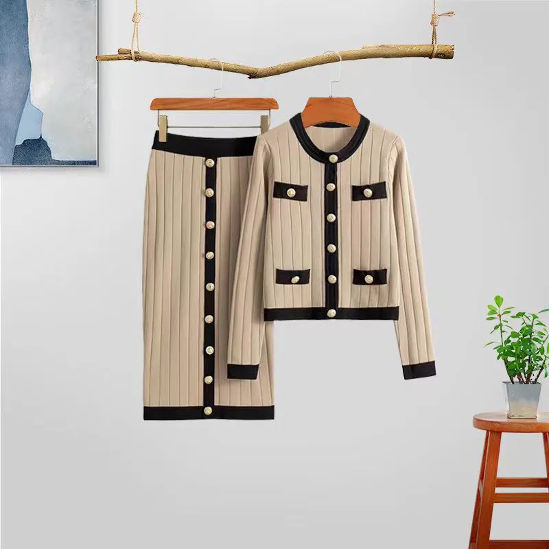Suéter Sexy de Punto de Color Sólido de Otoño, Traje de Vestir, Cárdigan de Punto de Moda con Falda, Conjunto de Dos Piezas para Mujer