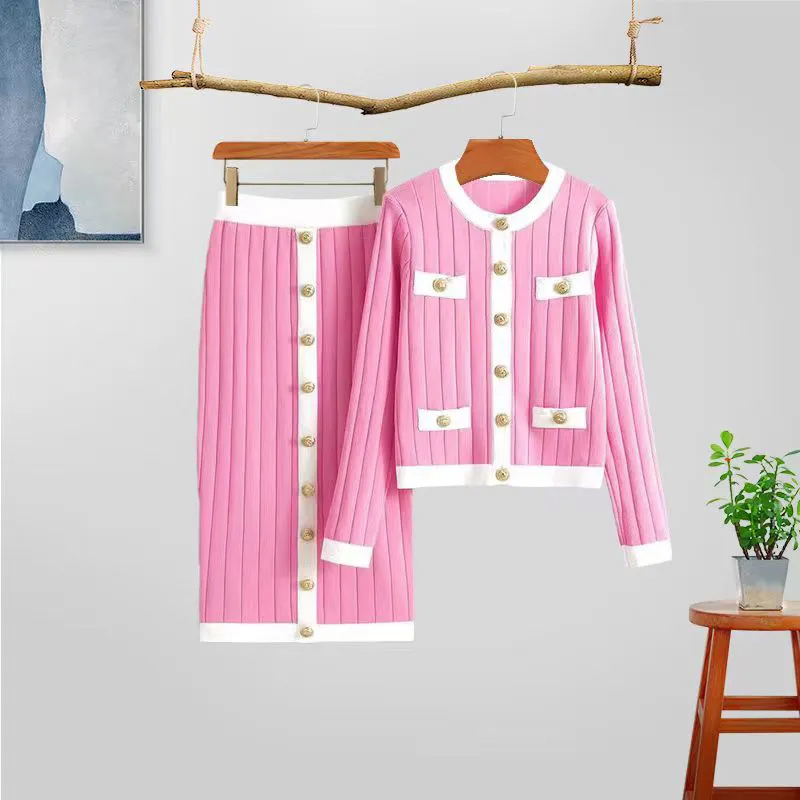 Suéter Sexy de Punto de Color Sólido de Otoño, Traje de Vestir, Cárdigan de Punto de Moda con Falda, Conjunto de Dos Piezas para Mujer