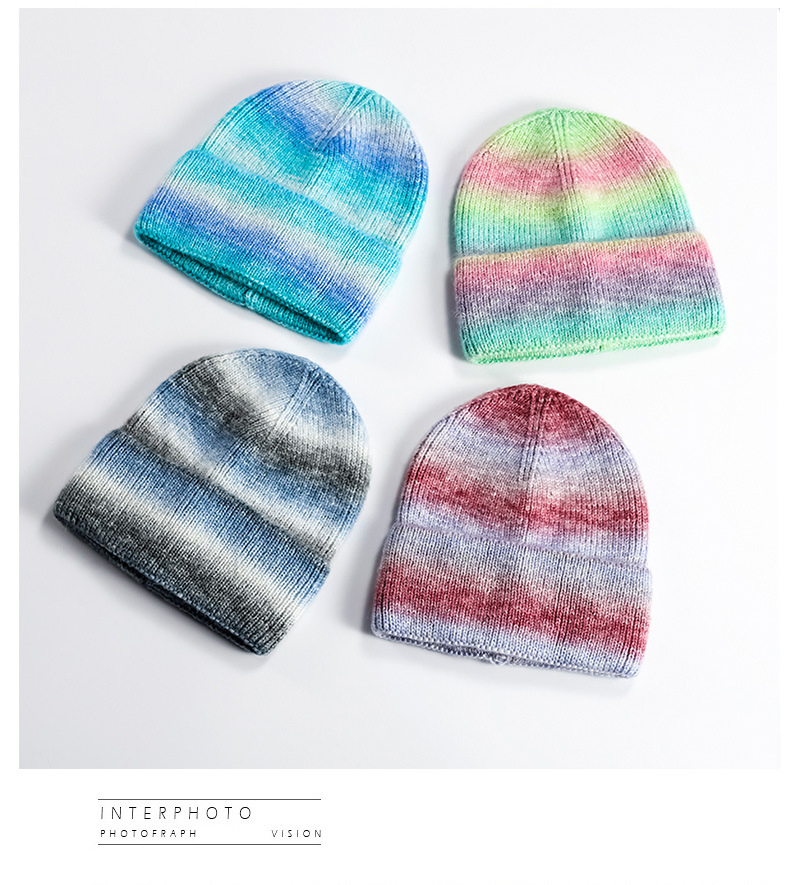 Gorro de Punto Cálido Degradado, Gorro Personalizado con Logotipo Bordado de Lana Teñido Anudado Arcoíris