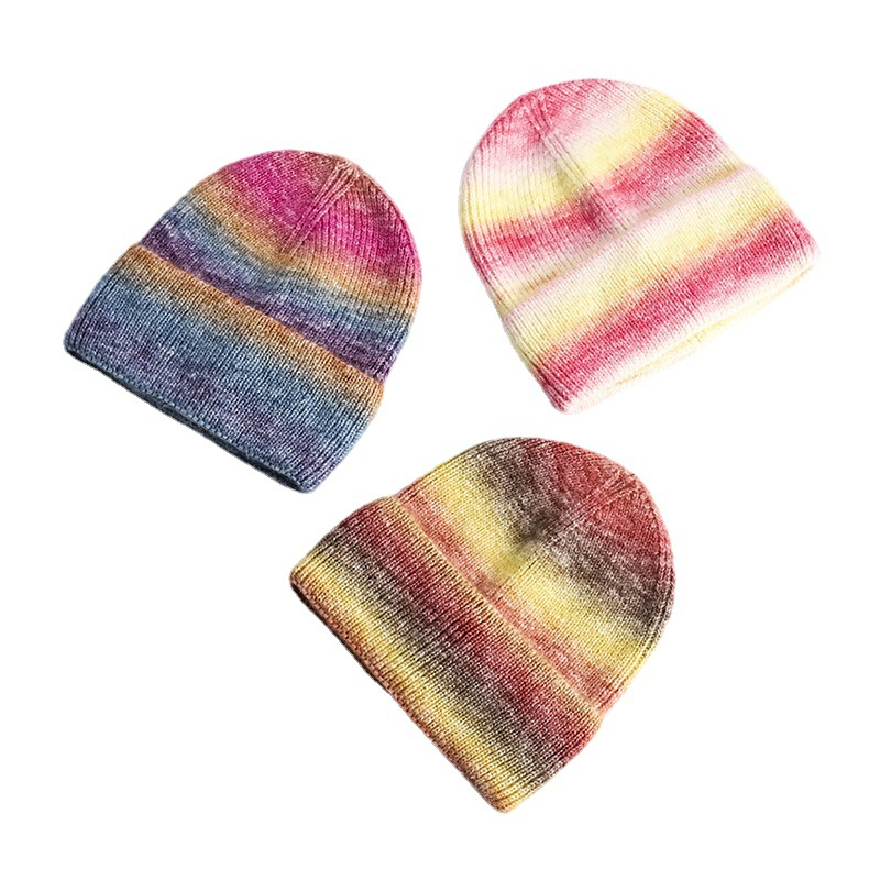 Gorro de Punto Cálido Degradado, Gorro Personalizado con Logotipo Bordado de Lana Teñido Anudado Arcoíris
