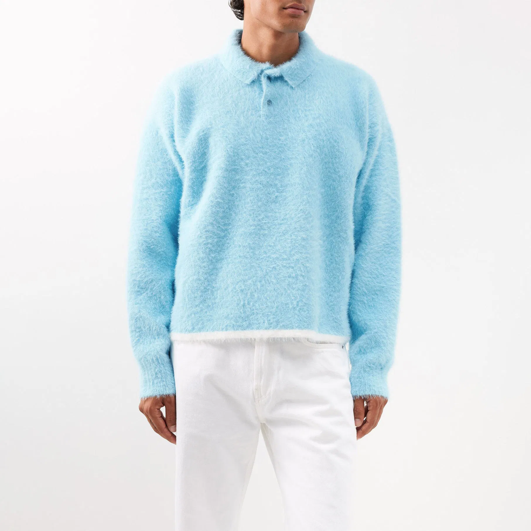 Suéteres OEM de punto Mohair para hombre&prime;s, Logotipo Personalizado, Piel Sintética, Mohair Cepillado, Peludo, Esponjoso, Suéter de polo de punto para hombre