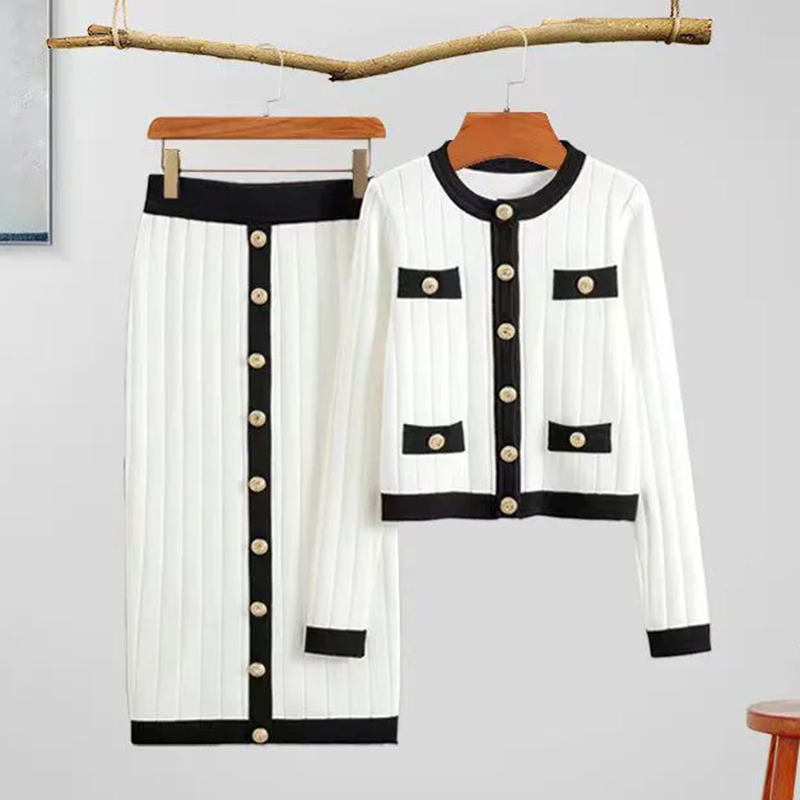 Suéter Sexy de Punto de Color Sólido de Otoño, Traje de Vestir, Cárdigan de Punto de Moda con Falda, Conjunto de Dos Piezas para Mujer