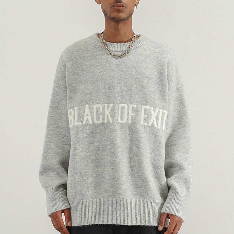 Jersey de punto por Ordenador OEM / ODM 7gg Personalizado Letras de Cachemira de Algodón Puro Suéter Negro Gris con Cuello redondo para Hombres