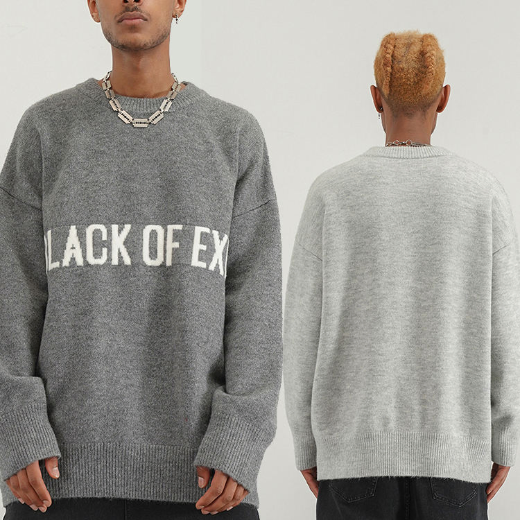 Jersey de punto por Ordenador OEM / ODM 7gg Personalizado Letras de Cachemira de Algodón Puro Suéter Negro Gris con Cuello redondo para Hombres