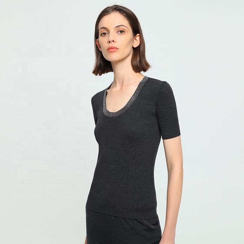 Jersey Fino de Manga Corta con Cuello Redondo para Mujer Ropa de mujer & prime;s Tops de lana Suéter de lana