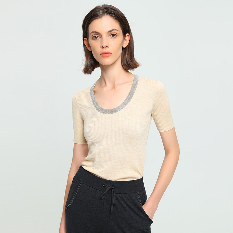 Jersey Fino de Manga Corta con Cuello Redondo para Mujer Ropa de mujer & prime;s Tops de lana Suéter de lana
