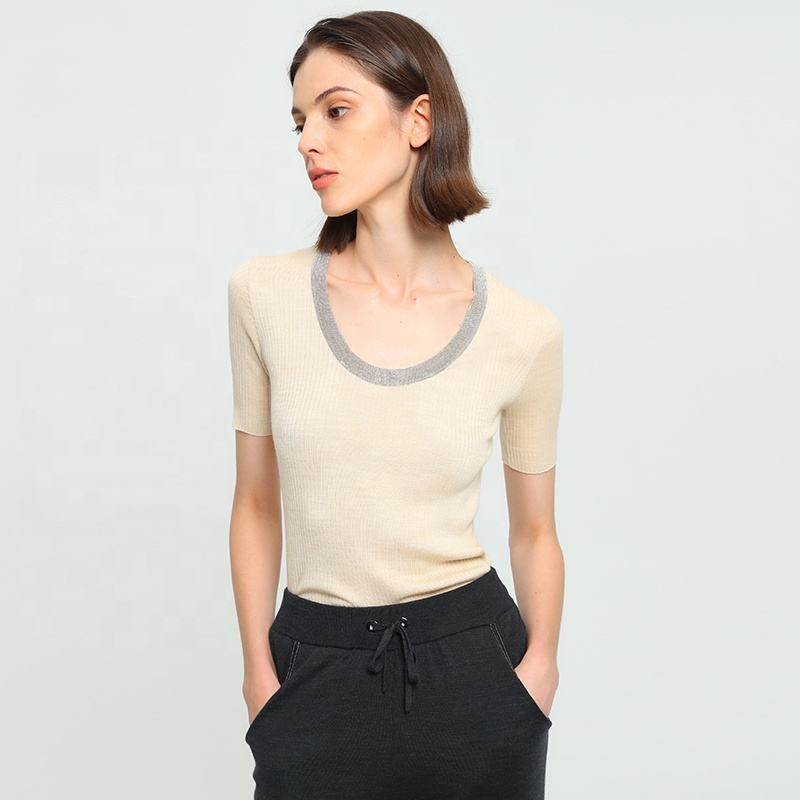 Jersey Fino de Manga Corta con Cuello Redondo para Mujer Ropa de mujer & prime;s Tops de lana Suéter de lana