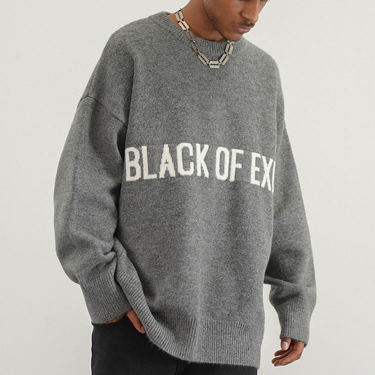 Jersey de punto por Ordenador OEM / ODM 7gg Personalizado Letras de Cachemira de Algodón Puro Suéter Negro Gris con Cuello redondo para Hombres