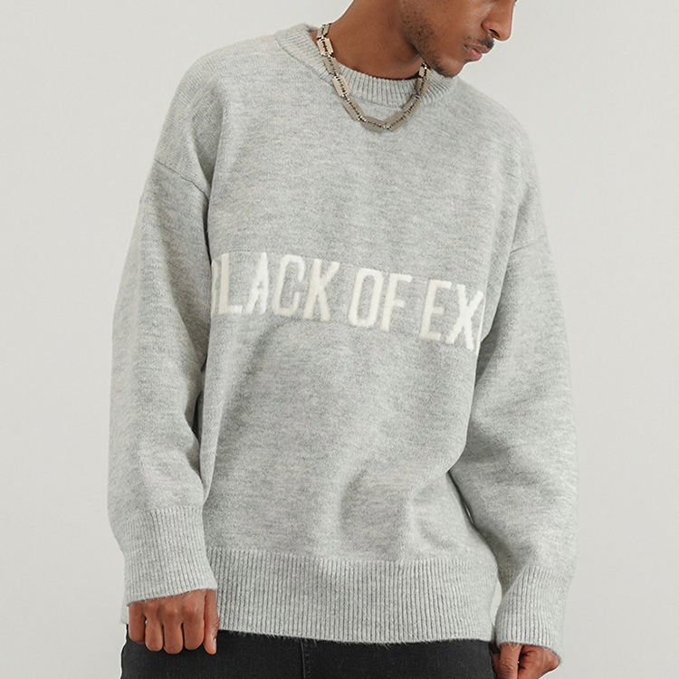 Jersey de punto por Ordenador OEM / ODM 7gg Personalizado Letras de Cachemira de Algodón Puro Suéter Negro Gris con Cuello redondo para Hombres