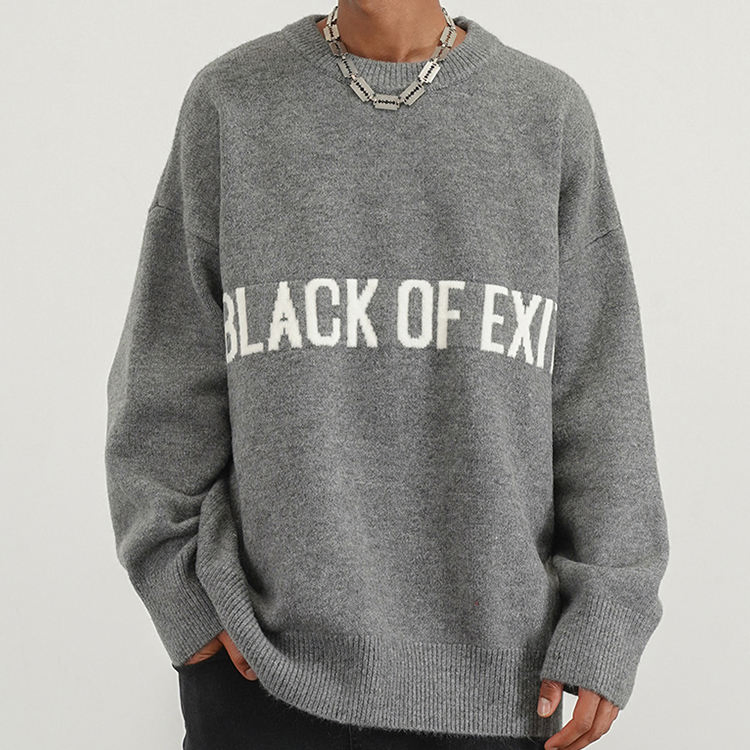 Jersey de punto por Ordenador OEM / ODM 7gg Personalizado Letras de Cachemira de Algodón Puro Suéter Negro Gris con Cuello redondo para Hombres